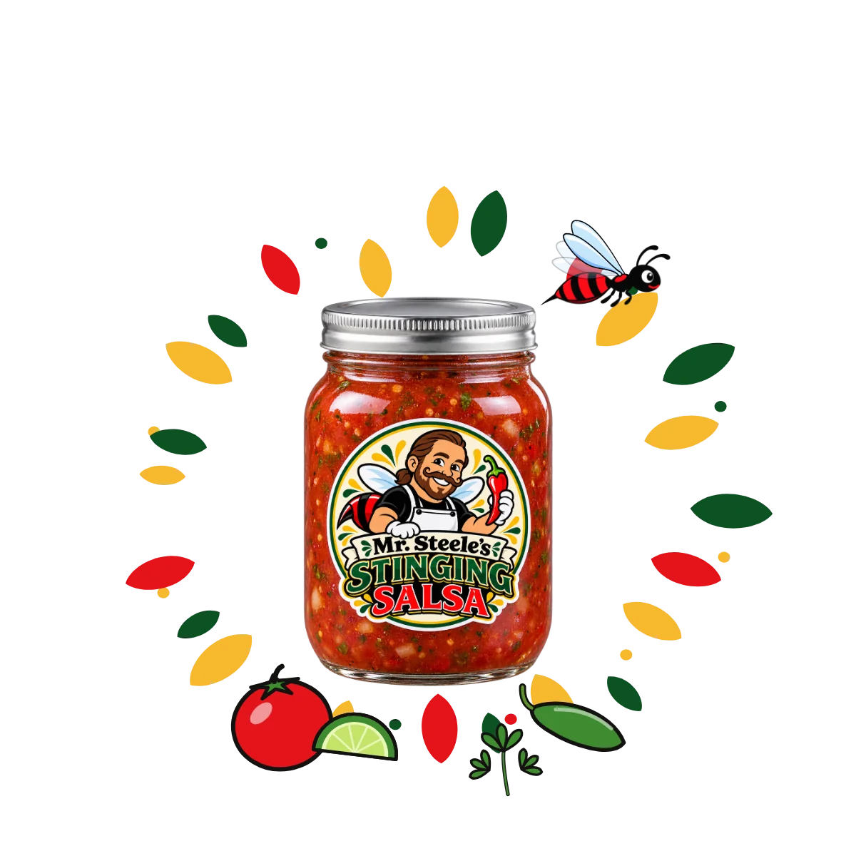 A jar of Mr. Steele's Stinging Salsa with a red and black yellow jacket buzzing around it